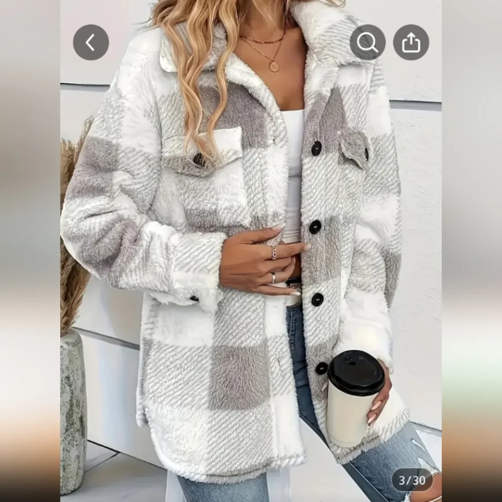 Buffalo Plaid Button Up Teddy Shacket Gray & White Checkered NWT - Picture 3 of 6